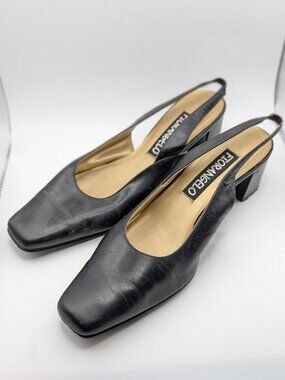 FIORANGELO Black Leather Square Toe Slingback Heels 5.5W